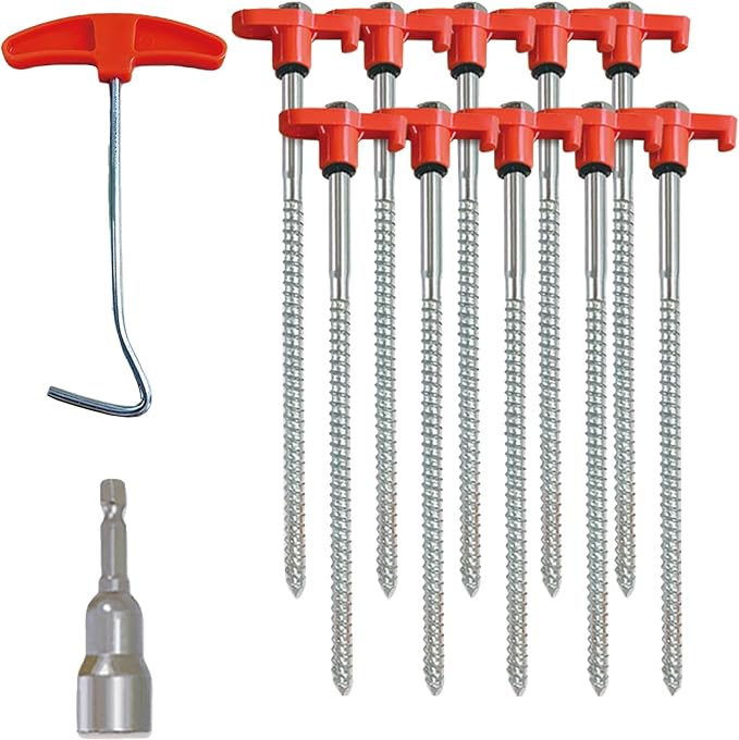 10-Pack 8" Heavy Duty Screw in Tent Stakes, Drill-in Non-Rust Ground Anchor Pegs, Metal Tent Accessories for Camping, Garden, Hiking, Orange