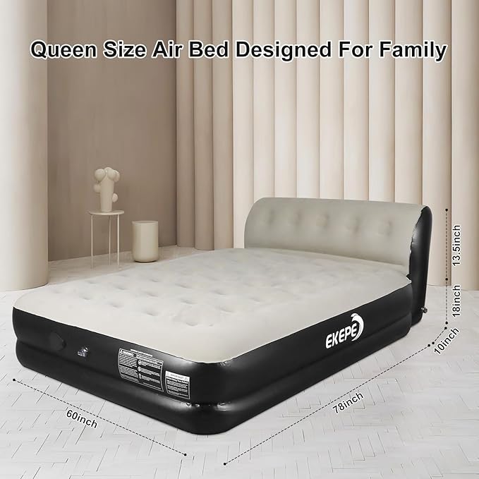 Queen Air Mattress with Integrated Headboard, 18 inches Blow Up Air Mattress with Built in Wireless Pump, Inflatable Air Bed for Home, Camping, Guest Bed