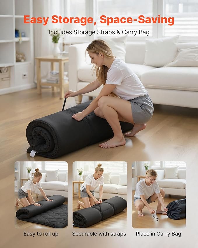 VEVOR 9-Layer Japanese Futon Mattress, 3.5" Thick Queen Tatami Mat, Foldable Roll Up Mattress for Sleeping with Storage Bag, Portable Floor Mattress for Camping Dormitory Yoga, Black