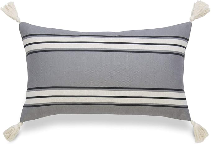Hofdeco Neutral Decorative Lumbar Throw Pillow Cover ONLY, for Couch, Sofa, or Bed, Dark Gray Stripe Tassel, 12"x20"