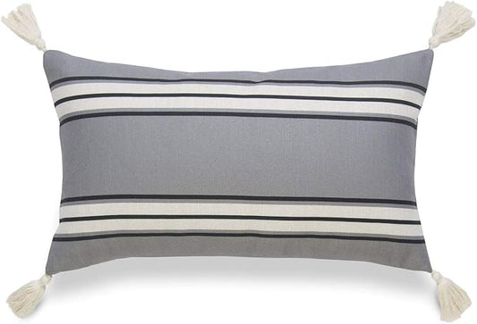 Hofdeco Neutral Decorative Lumbar Throw Pillow Cover ONLY, for Couch, Sofa, or Bed, Dark Gray Stripe Tassel, 12"x20"