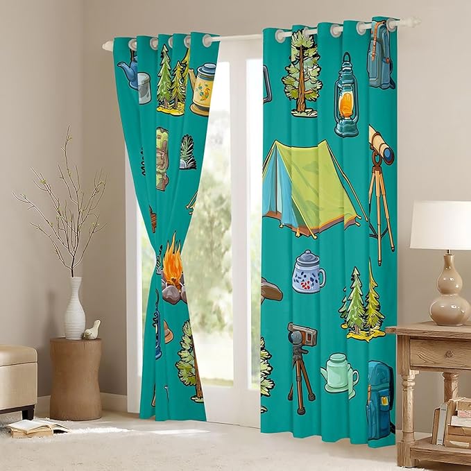 Feelyou Green Camper Theme Blackout Curtains Happy Camping Darkening Drapes for Bedroom Living Room Decor Adventure Camper Thermal Insulated Shades Window Treatments, 2 Panels 52 x 90 Inch