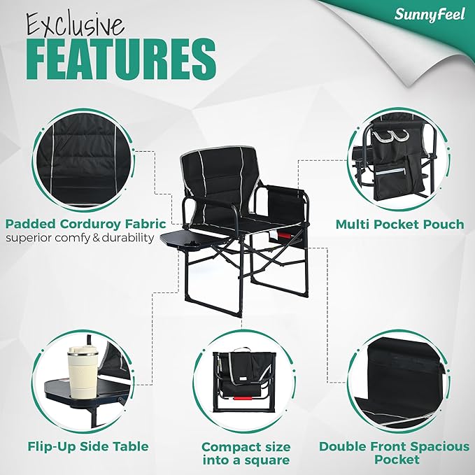 SUNNYFEEL Camping Directors Chair, Heavy Duty,Oversized Portable Folding Chair with Side Table, Pocket for Beach, Fishing,Trip,Picnic,Lawn,Concert Outdoor Foldable Camp Chairs