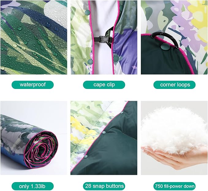 APSMILE Outdoor Down Blanket | Extra Warm & Puffy Camping Blanket | Water-resistant, Lightweight, Packable Sleeping Quilt for Camp, Travel, Hiking, Picnic, Backpack (Flower Valley HD Printed, 52"x75")