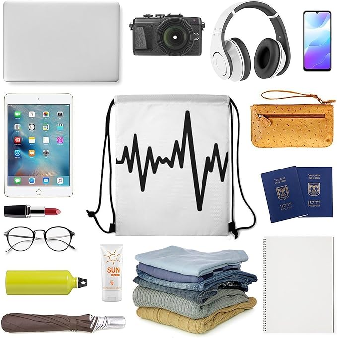 Drawstring Backpack Gym Sackpack Lightweight Waterproof String Bag for Sports Travel Yoga Beach Swimming, Men Women Unisex, Music Notes Heartbeat Bags