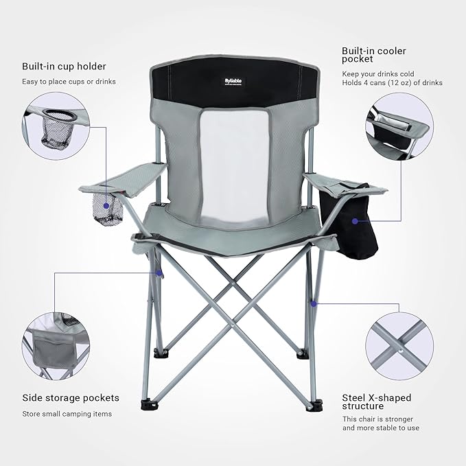 Camping Chairs Lawn Portable Foldable Camp Folding Lightweight Chair for Adults with Drink Holder and Cooler Pouch Outdoor for Camping, Lawn, Sports, Picnic, Music Festival, Gray Black