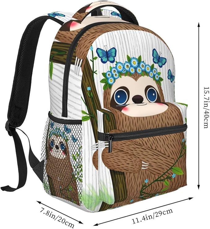 Polyester Daypack for Hiking Work Running, Big Capacity Anti-Theft Multipurpose Shoulder Bag, Cute Sloth Blue Flowers Art Travel and Sport Backpack Rucksack