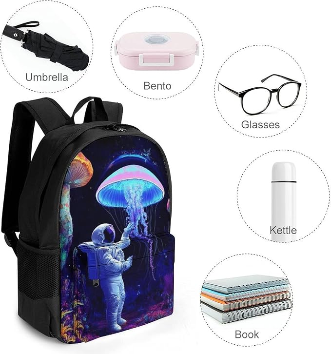 Daypack Backpack Polyester Anti-Theft Multipurpose Underwater Neon Jellyfish Astronauts Mushroom Art Bookbag Big Capacity Travel Hiking Camping Rucksack With Smooth Zippers