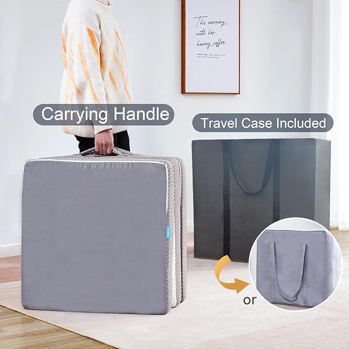 Kingfun Foldable Mattress 4 Inch Folding Mattress Tri-fold Gel Memory Foam Breathable with Storage Bag, Portable Floor Guest Bed Soft for Sleeping Camping, Gray, Single Size
