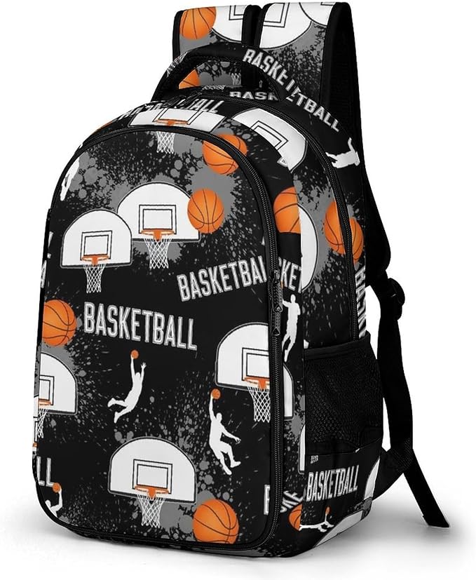 Casual Lightweight Laptop Backpack Game Sports Basketball Print Art, Cute Travel Daypack with Tumbler Holder for College Nurse Teacher Work Commute