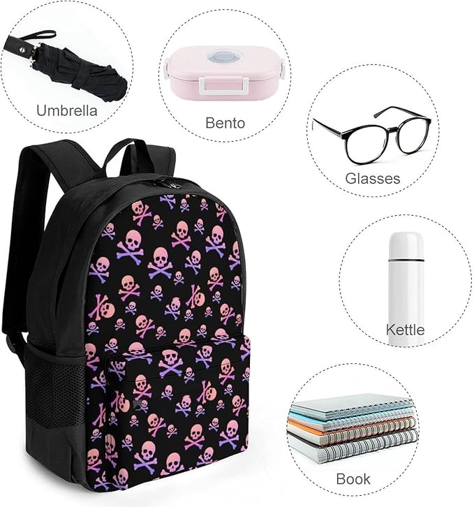 Polyester Daypack for Hiking Work Running, Big Capacity Anti-Theft Multipurpose Shoulder Bag, Purple And Pink Crossbones Skull Travel and Sport Backpack Rucksack
