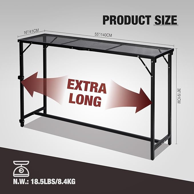 REDCAMP 55 Inch Outdoor Bar Table, Folding Paito Bar Height Hot Tub Table with Waterproof Mesh Top for Balcony, Garden, Poolside, Indoor, Rectangle Black