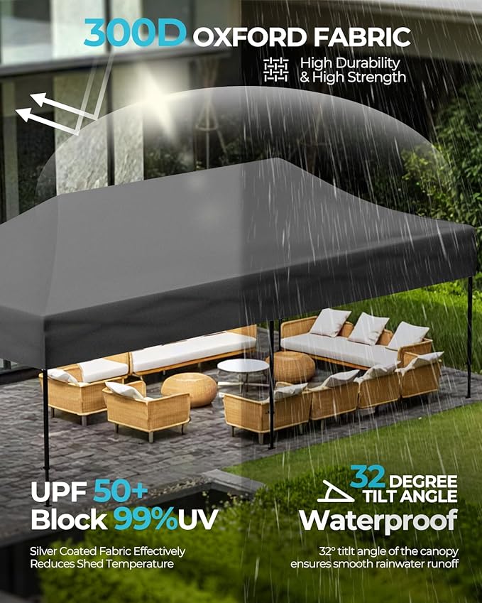 10x20 Canopy Tent with Roller Bag, Easy Up Pop Up Tent, 300D Silver-Coating Outdoor Shelter, 4 Stakes & 4Sandbags & 4 Ropes, Grey