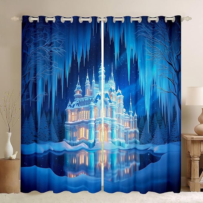 Manfei Dreamy Castle Blackout Curtains Winter Snow Scenery Window Drapes,Princess Theme Window Treatments,Kids Boys Girls Room Decor,Grommet Top 2 Panel Set Bedroom Curtains, 52Wx63L inch