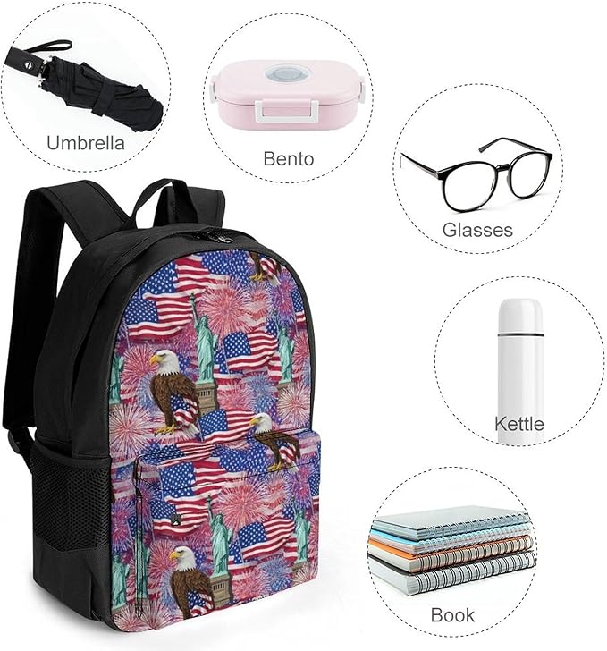 Adults Lightweight Statue Of Liberty America Flag Eagle Shoulder Book Bags Big Capacity Shoulder Bag With Adjustable Shoulder Straps for Trekking Work Walking Cycling
