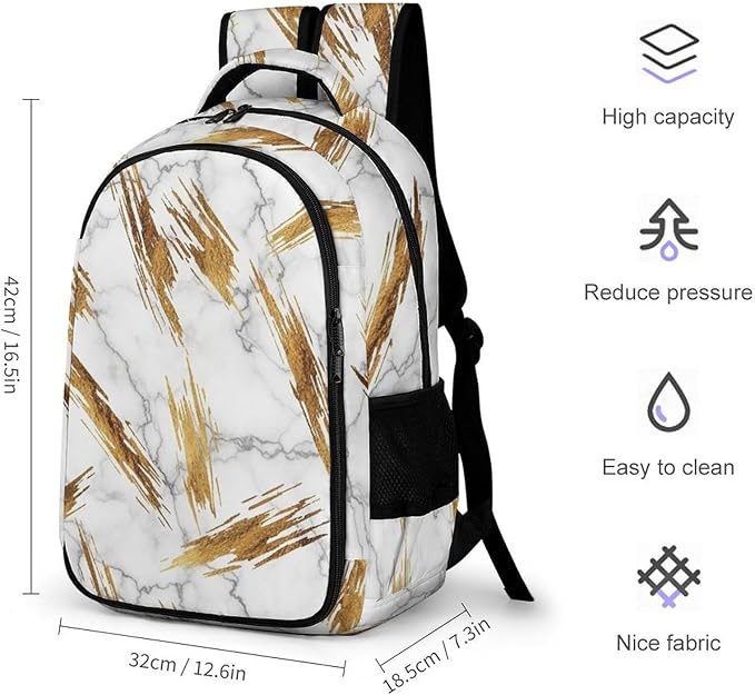 Water Resistant College Bookbag Gold Marble Texture White, Sturdy Laptop Backpack with Water Bottle Pockets for Men Women Travel Work