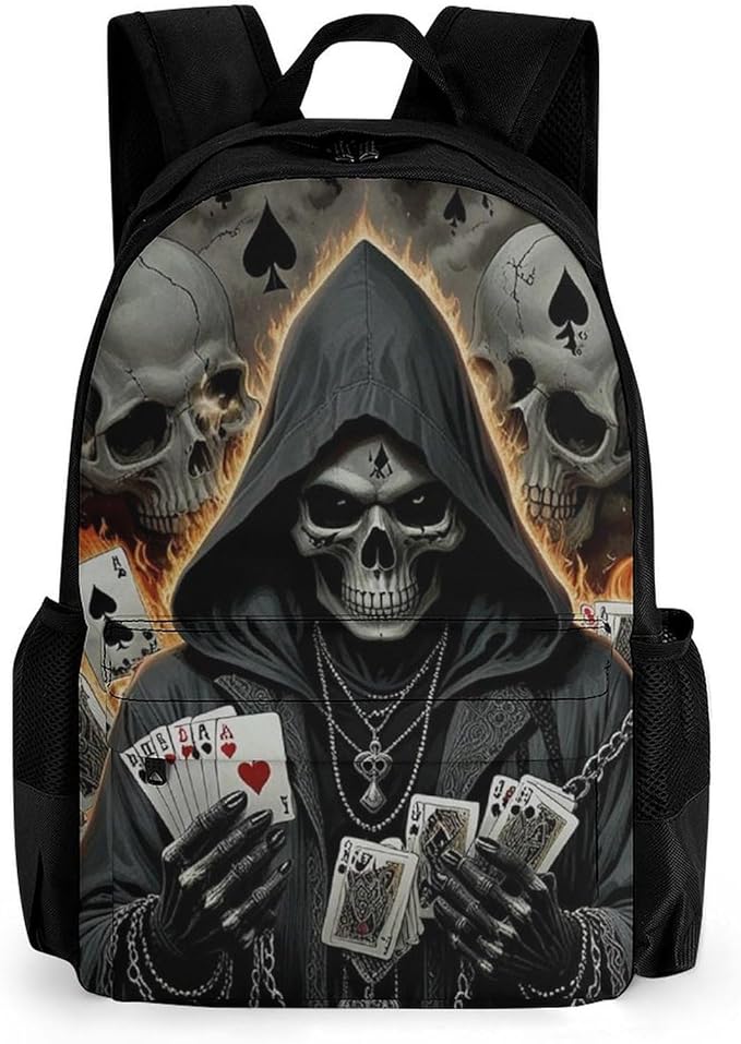 Adults Lightweight Skull Fire Poker Cards Rucksacks Large Capacity Bookbag With Adjustable Shoulder Straps for Trekking Outdoors Bicycle