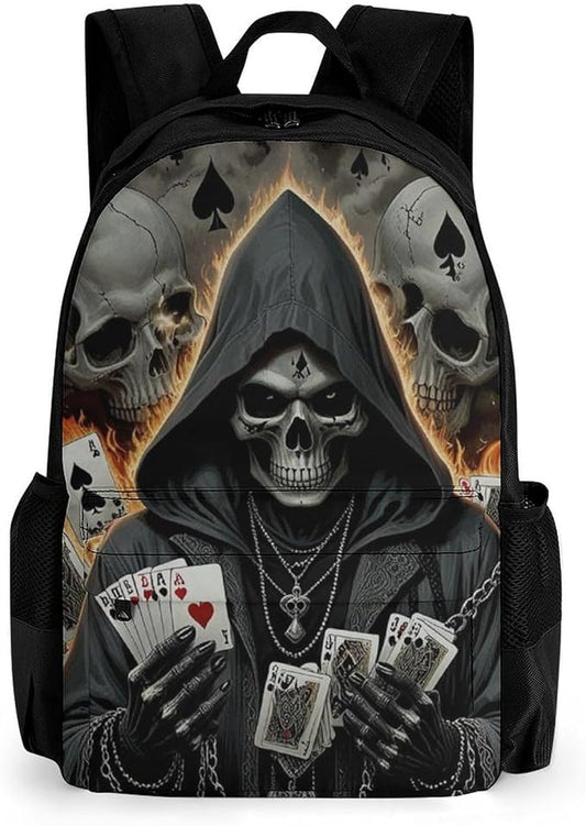 Adults Lightweight Skull Fire Poker Cards Rucksacks Large Capacity Bookbag With Adjustable Shoulder Straps for Trekking Outdoors Bicycle