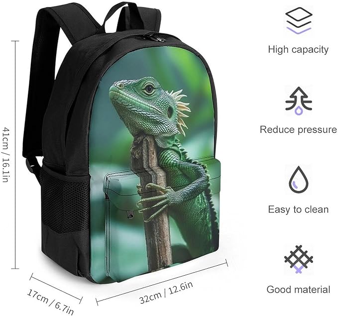 Polyester Daypack Backpack for Sports Travel Running, Big Capacity Anti-Theft Multipurpose Carry On Bag, Green Bearded Dragon Lizards Climbing The Tree Laptop Book Bag Rucksack