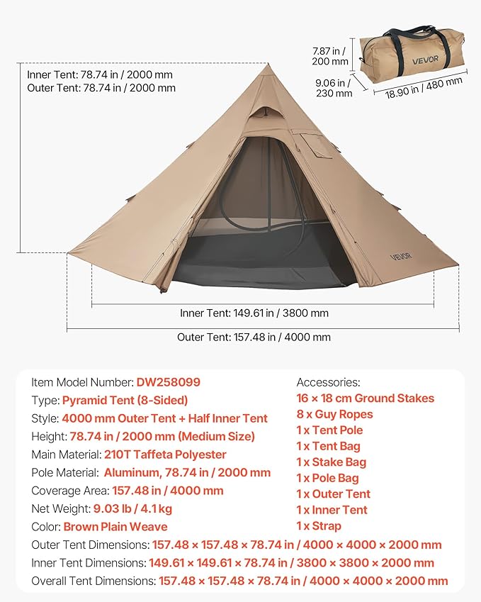 VEVOR Hot Tent, Camping Tipi Hot Tents with Stove Jack, Portable Winter Camping Tents with Snow Skirt, Easy Setup, Waterproof 4 Season Shelter Tents for Fishing Backpacking