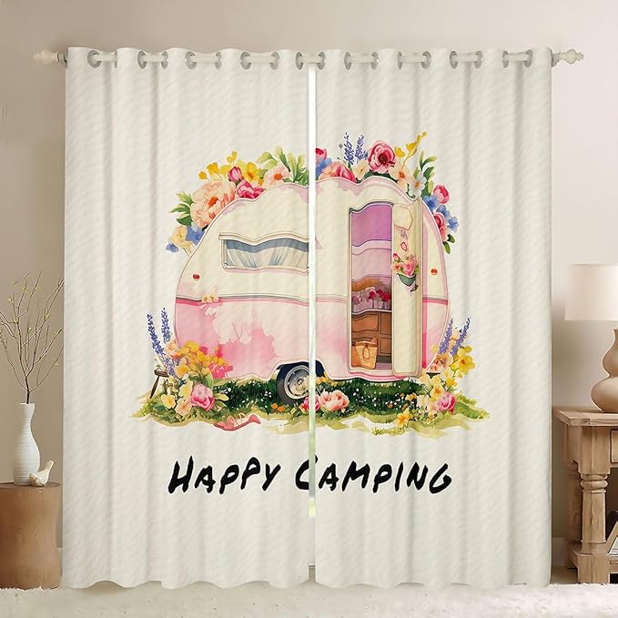Happy Camping Adventure Kids Blackout Curtains,RV Trailer Cartoon Camper Window Drapes,Rose Flowers Leaf Rustic Nature Boys Girls Room Decor,Pink Beige 2 Panels,38Wx54L inch