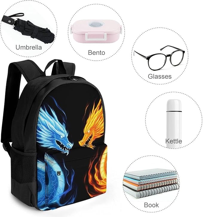 Men Women Polyester Ice Blue And Red Fire Flame Dragon Daypack Big Capacity Shoulder Bag With Smooth Zippers for Hiking Work Walking Cycling