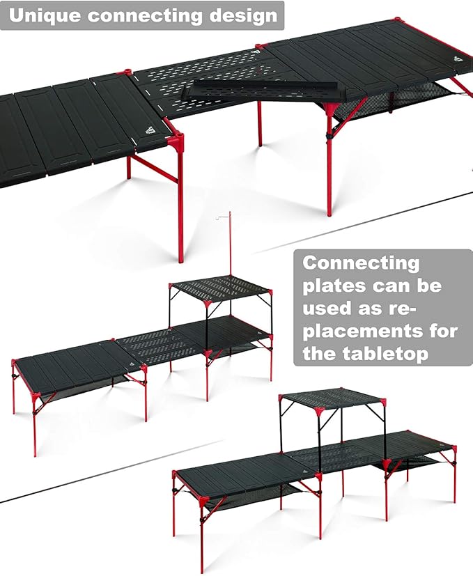 iClimb Extendable Folding Table Large Tabletop Area Ultralight Compact with Hollow Out Tabletop and Carry Bag for Camping Backpacking Beach Concert BBQ Party, Three Size (Black - XL)