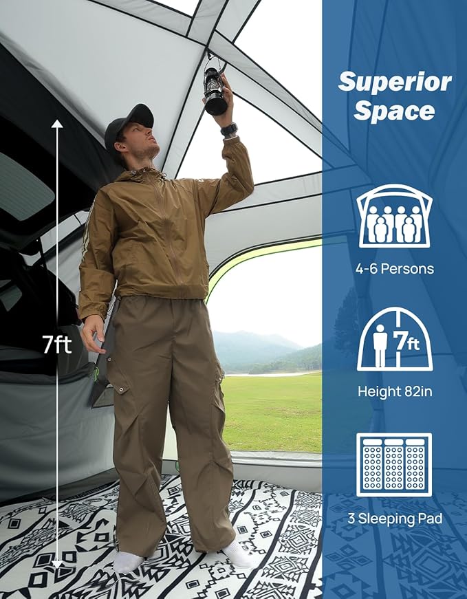 JOYTUTUS Dual-Use SUV Tent, SUV Tents for Camping with Rainfly, Strong Four Steel Frame Poles, 4-6 Person Car Tent with Ventilated Double Door Design, Movie Screen, Fit for SUV CUV Van
