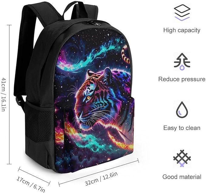Men Women Polyester Beautiful Wild Animal Tiger Abstract Art Backpack Large Capacity Bookbag With Smooth Zippers for Climbing Picnic Bicycle