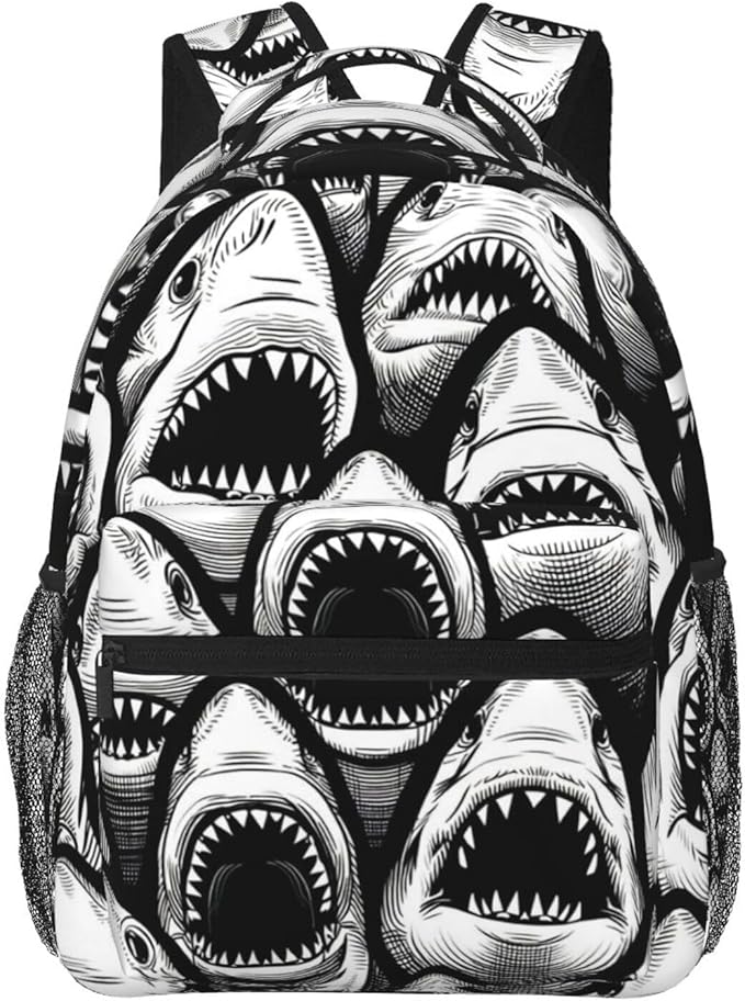 Lightweight Rucksacks for Camping Picnic Walking Cycling, Large Capacity Multipurpose Anti-Theft Carry On Bag, Animal Black And White Sharks Art Travel Hiking Camping Rucksack
