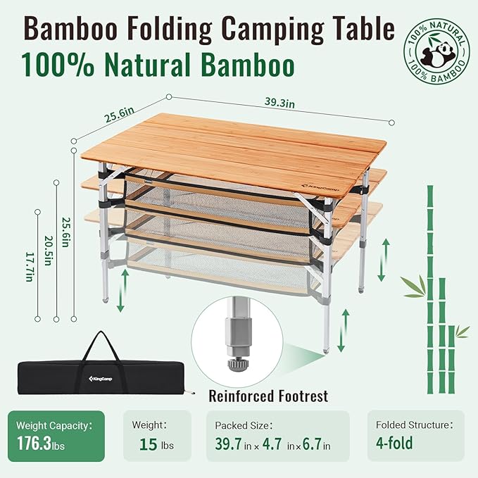 KingCamp Adjustable Height Folding Table, 4-Fold Bamboo Camping Outdoor Portable RV Camp Table with Carry Bag & Storage for Outdoor Car Backyard Picnic Tailgating Beach