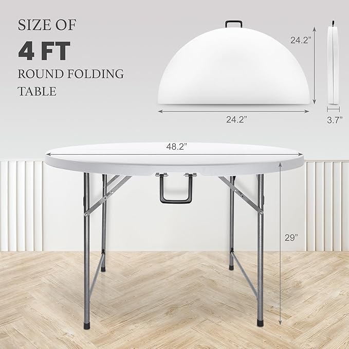 AJP Distributors 4 Foot Portable Round Folding Card Table 4FT 48" Half Foldable Heavy Duty Plastic w/Carry Handle - Indoor Outdoor Backyard Camping Picnic BBQ Party Wedding Dining Office Event White