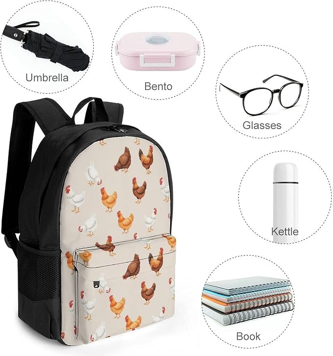 Women Men Polyester Hens Chickens Casual Daypack Large Capacity Bookbag With Side Pockets for Sports Picnic Walking Cycling