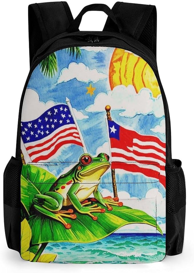 Supdreamc Rucksack Anti-Theft Multipurpose Big Capacity Carry On Bag, Flag Of American Palm Tree Frog Traveling Camping Backpack With Side Pockets