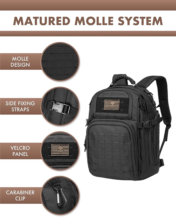 TRAILKICKER Military Tactical Backpack 40L for Men, Hiking Camping Molle EDC Daypack Army Assault Pack Lightweight Work Backpack with Water Bladder Compartment, Black