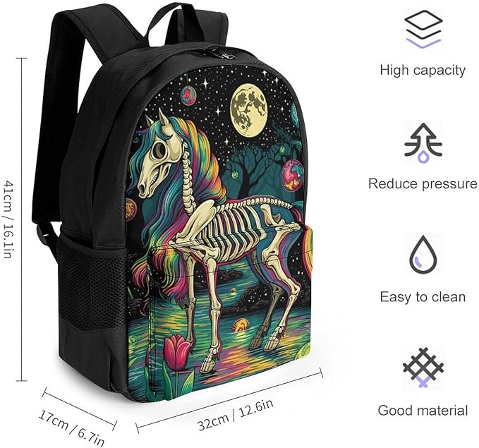 Supdreamc Adults Lightweight Rainbow Mane Horse Skeletal Structure Trippy Art Shoulder Book Bags Big Capacity Shoulder Bag With Adjustable Shoulder Straps for Trekking Work Walking Cycling