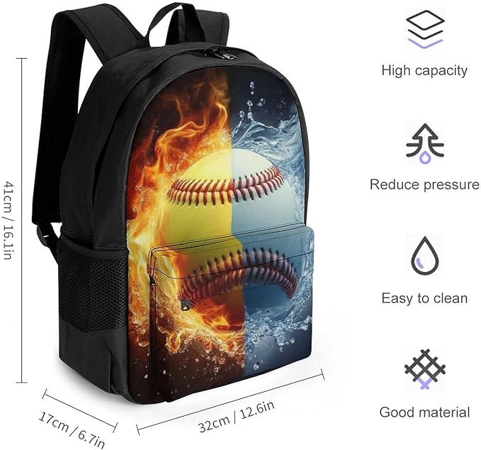 Polyester Daypack Backpack for Sports Travel Running, Big Capacity Anti-Theft Multipurpose Carry On Bag, Ice Water Fire Baseball Ball Laptop Book Bag Rucksack
