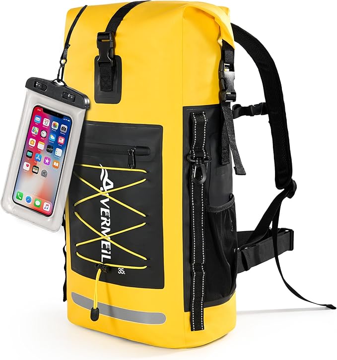Dry Bag Waterproof Backpack 35L for Men & Women Roll-Top Hiking Backpack with IPX8 Waterproof Phone Case for Kayaking Boating Cushioned Padded Back Yellow