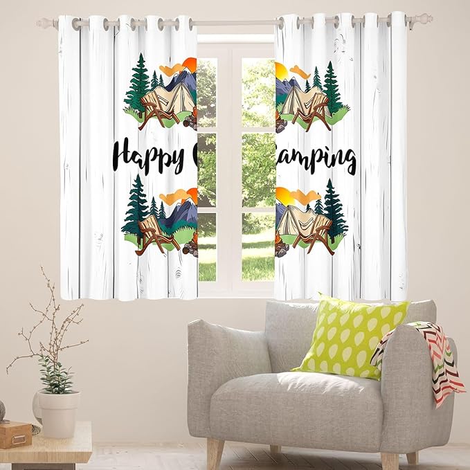 Erosebridal Camper Travel Window Drapes Happy Camping Blackout Curtains 38" Wx54 L Camping Adventure Curtains for Bedroom Living Room,Retro Forest Camp Window Treatments 2 Panels