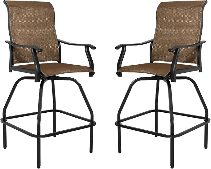 LEVELEVE Patio Bar Set 2pcs Swivel Bar Stools Outdoor Bistro Textilene Furniture Stability All-Weather Set (Dark Brown Fabric)