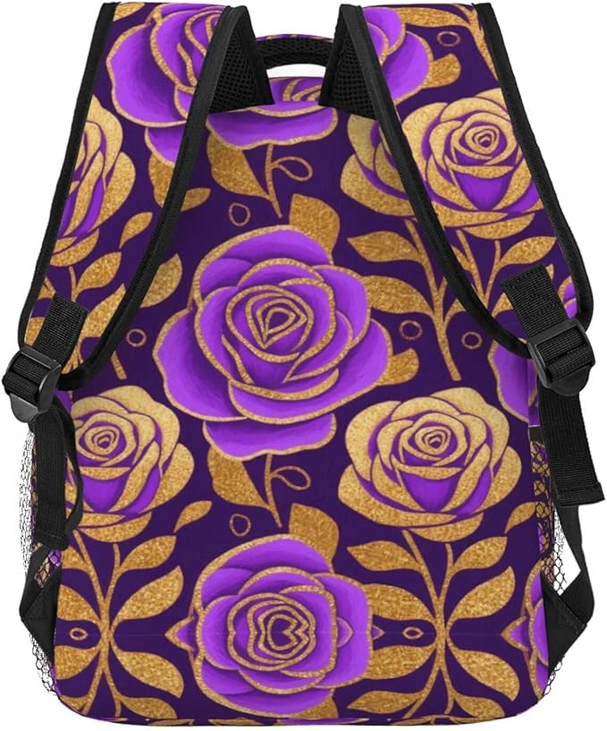 Rucksack Anti-Theft Multipurpose Big Capacity Carry On Bag, Purple Gold Rose Art Traveling Camping Backpack With Side Pockets