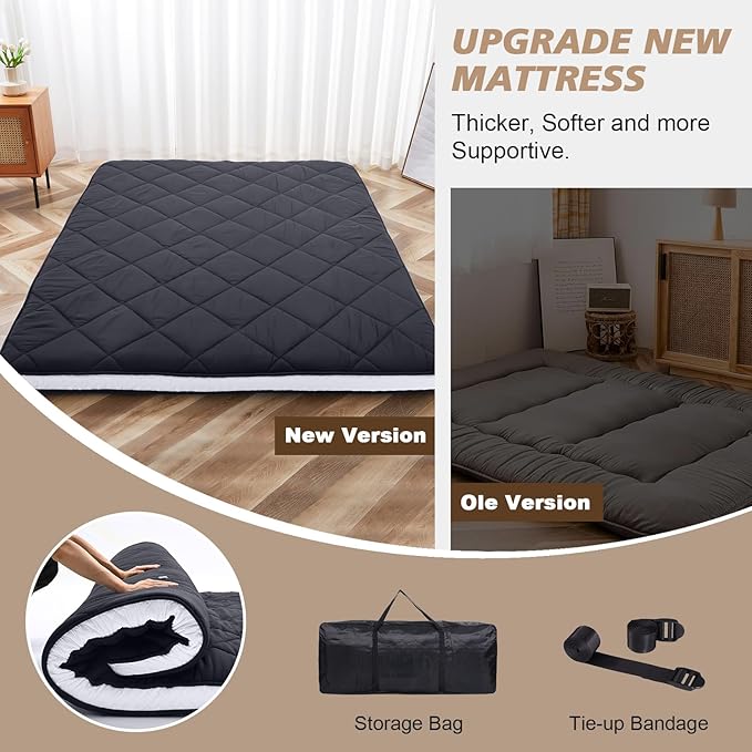 Twin Size Futon Mattress - Extra Thick Foldable Japanese Floor Mattress - Memory Foam Sleeping Pad for Adults - Tatami Mat Suitable for Camping & Guest -Diamond Black