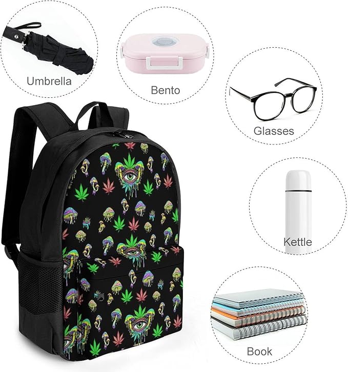Men Women Polyester Trippy Weedleaf Eyes Mushroom Casual Daypack Large Capacity Carry On Bag With Adjustable Shoulder Straps for Camping Work Running