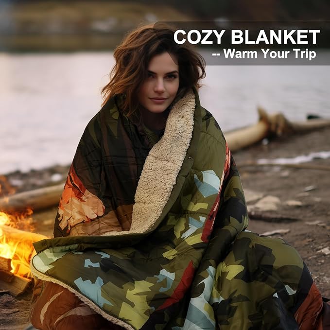 Outdoor Camping Blanket with Sherpa Lining, Extra Warm Thick Camp Blankets and Puffy Ultralight Soft Poncho DWR Camping Quilt for Cold Weather, Adventure, Sleeping, Backpacking 78"x 56"