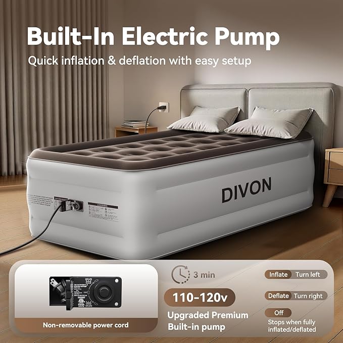 DIVON Twin Air Mattress with Built in Pump Raised, 2 Min Self Inflatable Mattress, 18’’ Blow up Mattress for Adults, 330 LBS Portable Air Bed for Guest, Camping, Travel & Floor, Brown