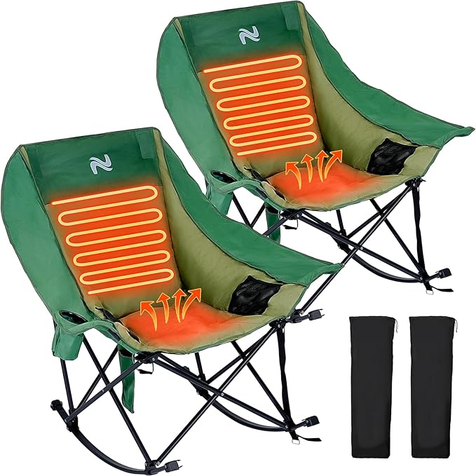 Begonia.K Oversized Heated Rocking Camping Chair - 400lbs Capacity Padded Camping Recliner w/ 3 Levels Back Seat Heat - Folding Lawn Chair with Side Pockets for Camp Patio Backyard