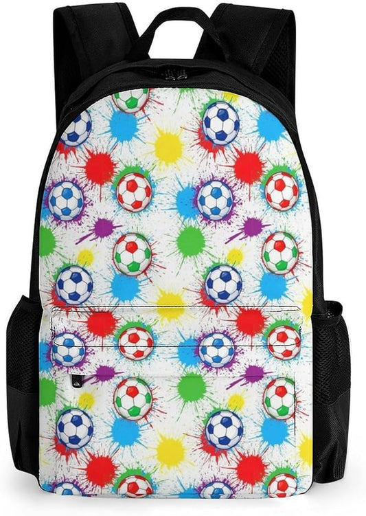 Polyester Daypack Backpack for Sports Travel Running, Big Capacity Anti-Theft Multipurpose Carry On Bag, Splash Ink Colorful Paint Football Soccer Ball Laptop Book Bag Rucksack