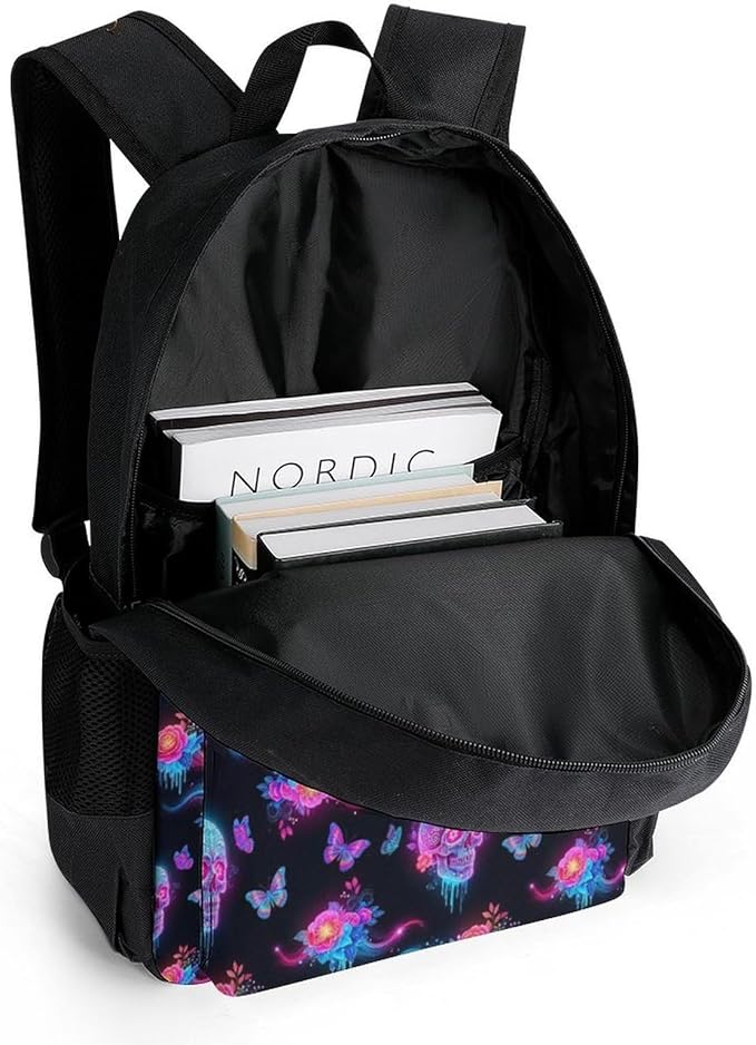 Polyester Daypack Backpack for Sports Travel Running, Big Capacity Anti-Theft Multipurpose Carry On Bag, Colorful Skulls Galaxy Butterflies Art Laptop Book Bag Rucksack