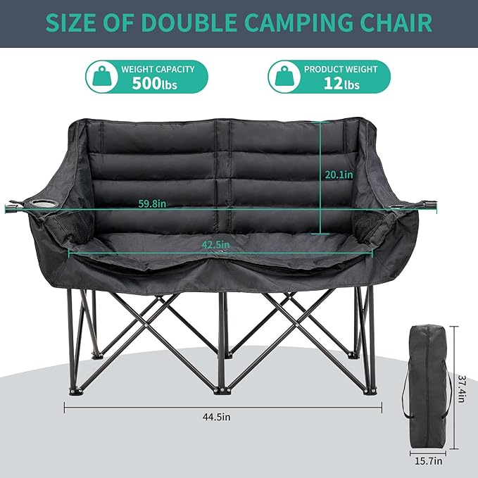 DoCred Double Camping Chair - Oversized Loveseat, 2 Person Camping Chair for Adults Heavy Duty,Two Person Folding Chairs with Cup Holder, Supports up to 500 LBS for Outside Picnic Beach Travel