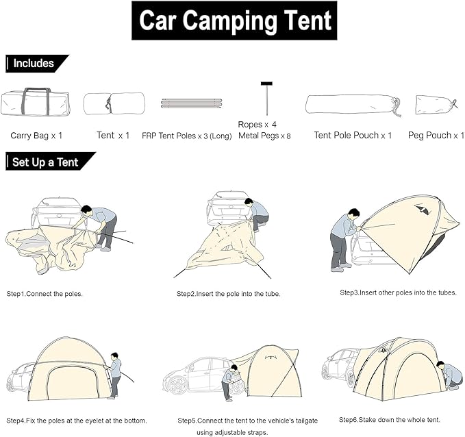 3-4 Person SUV Camping Tent, Arched Design Creates Extra Headroom, PU4000 Waterproof with Mesh Doors – Ideal for Family Camping& Festivals